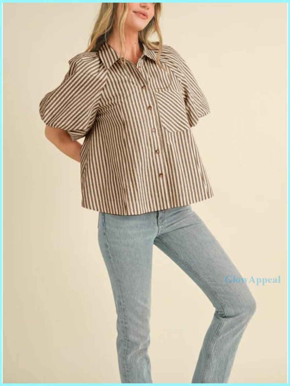Striped Button Down Shirt Puff Sleeve Collared V Neck Loose Casual Blouse - Picture 2 of 7